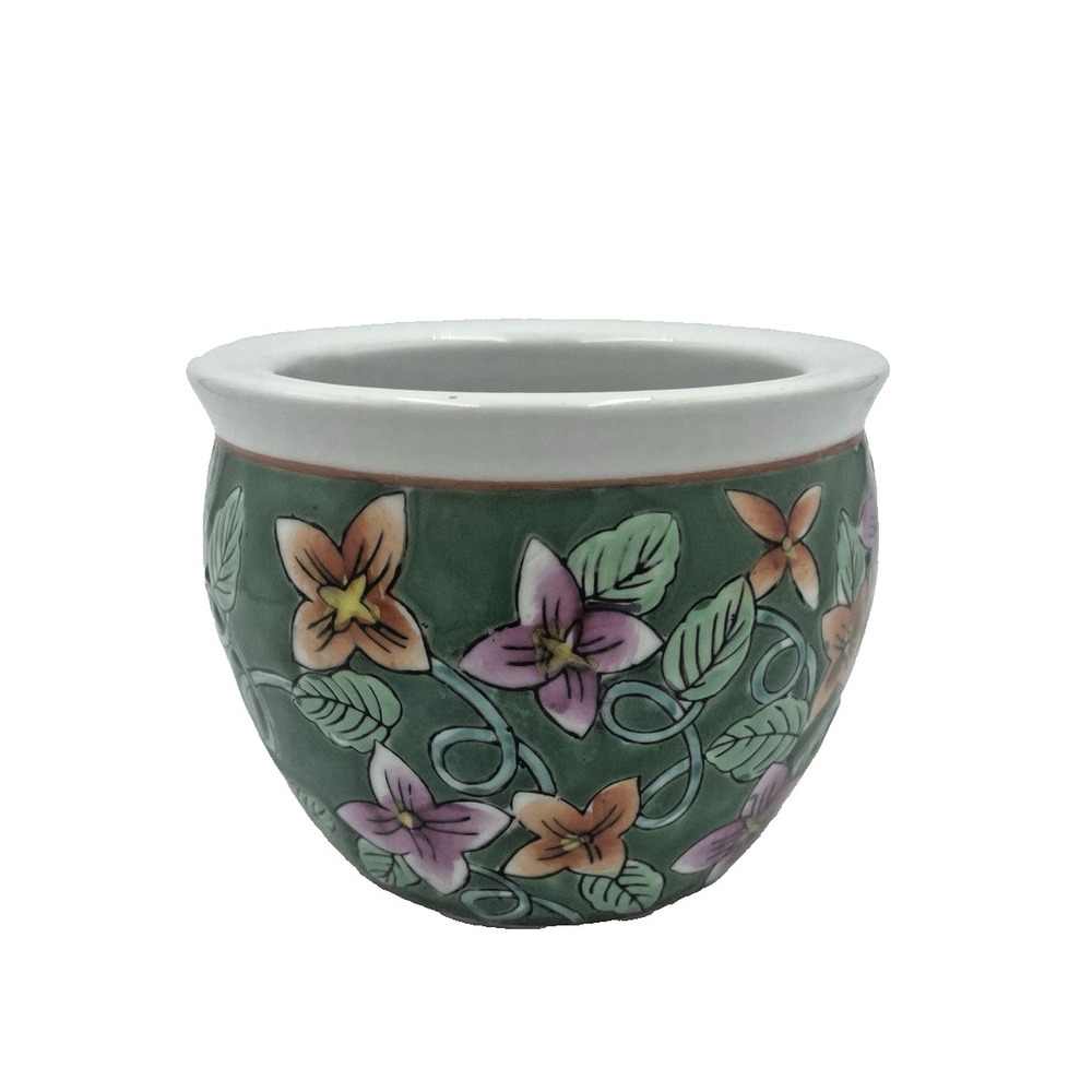 Vintage Small Chinese Jardiniere Planter Pot Floral Hand Painted‎ 3.5" x 4.5"